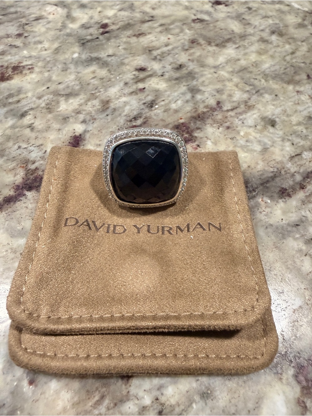 David Yurman Black Onyx and Silver Pavé Cushion Ring